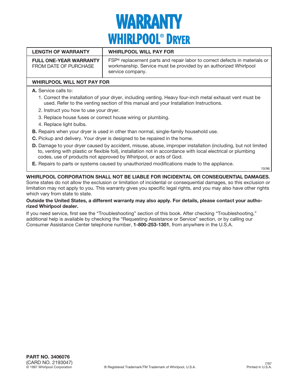 Warranty, Whirlpool, Ryer | Whirlpool Gas Dryers User Manual | Page 24 / 24