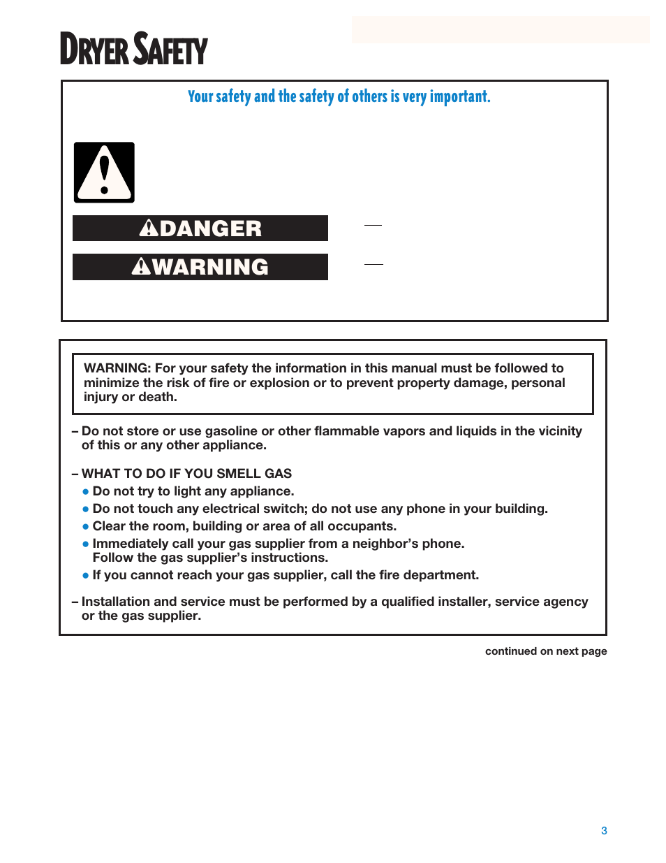 Dryer safety, Ryer, Afety | Wdanger w warning | Whirlpool Gas Dryers User Manual | Page 3 / 24