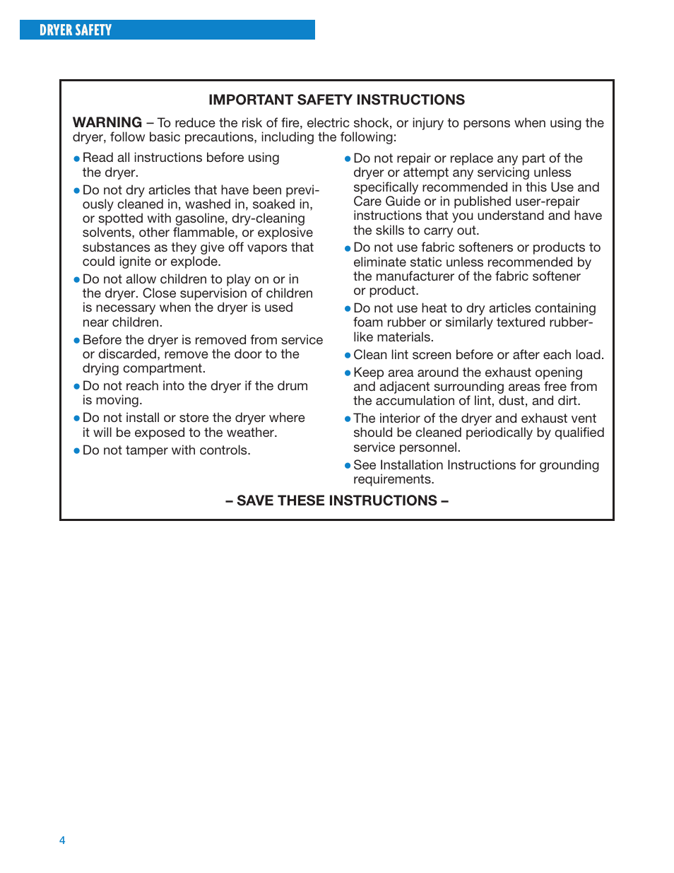 Dryer safety | Whirlpool Gas Dryers User Manual | Page 4 / 24