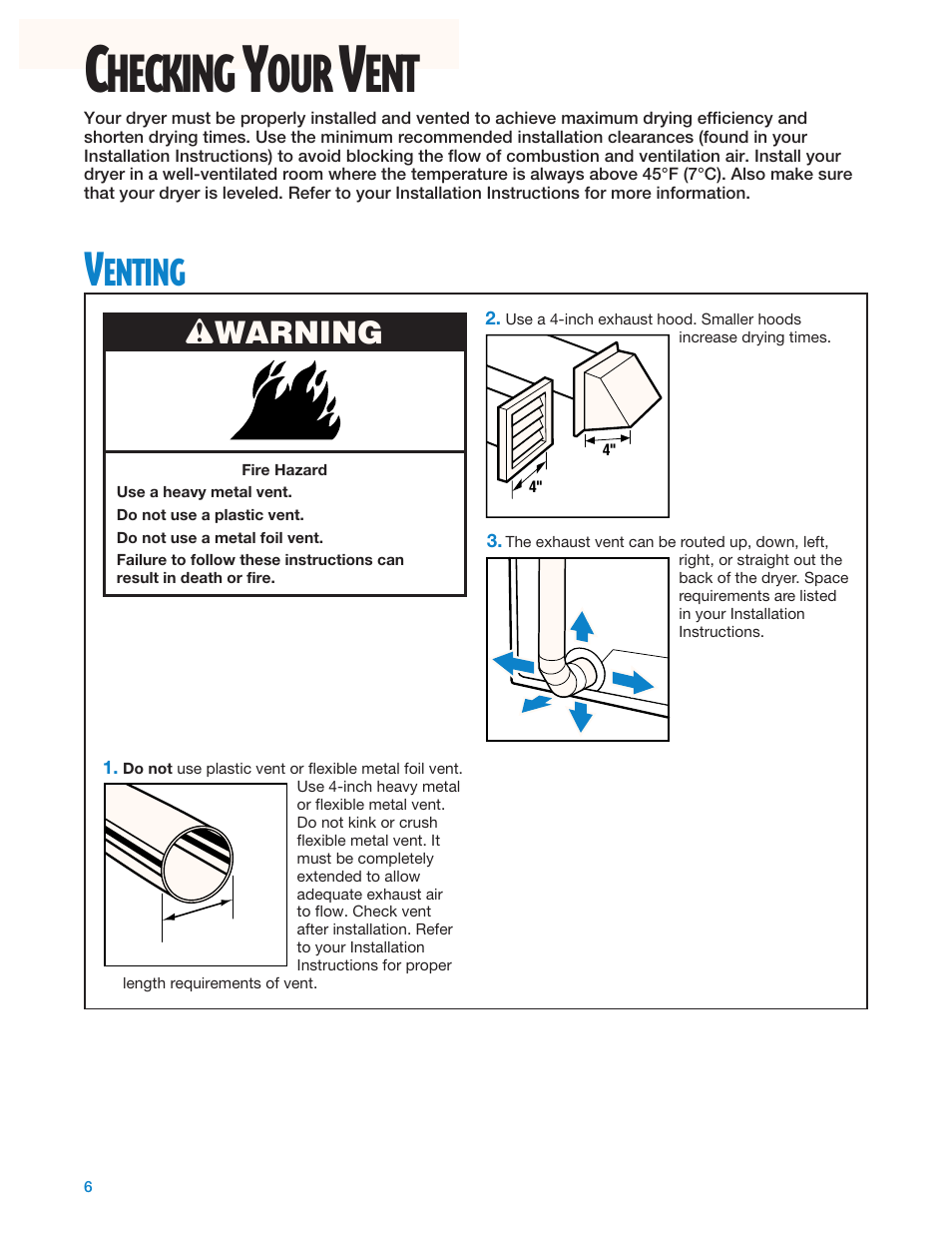 Checking your vent, Hecking, Enting | Whirlpool Gas Dryers User Manual | Page 6 / 24