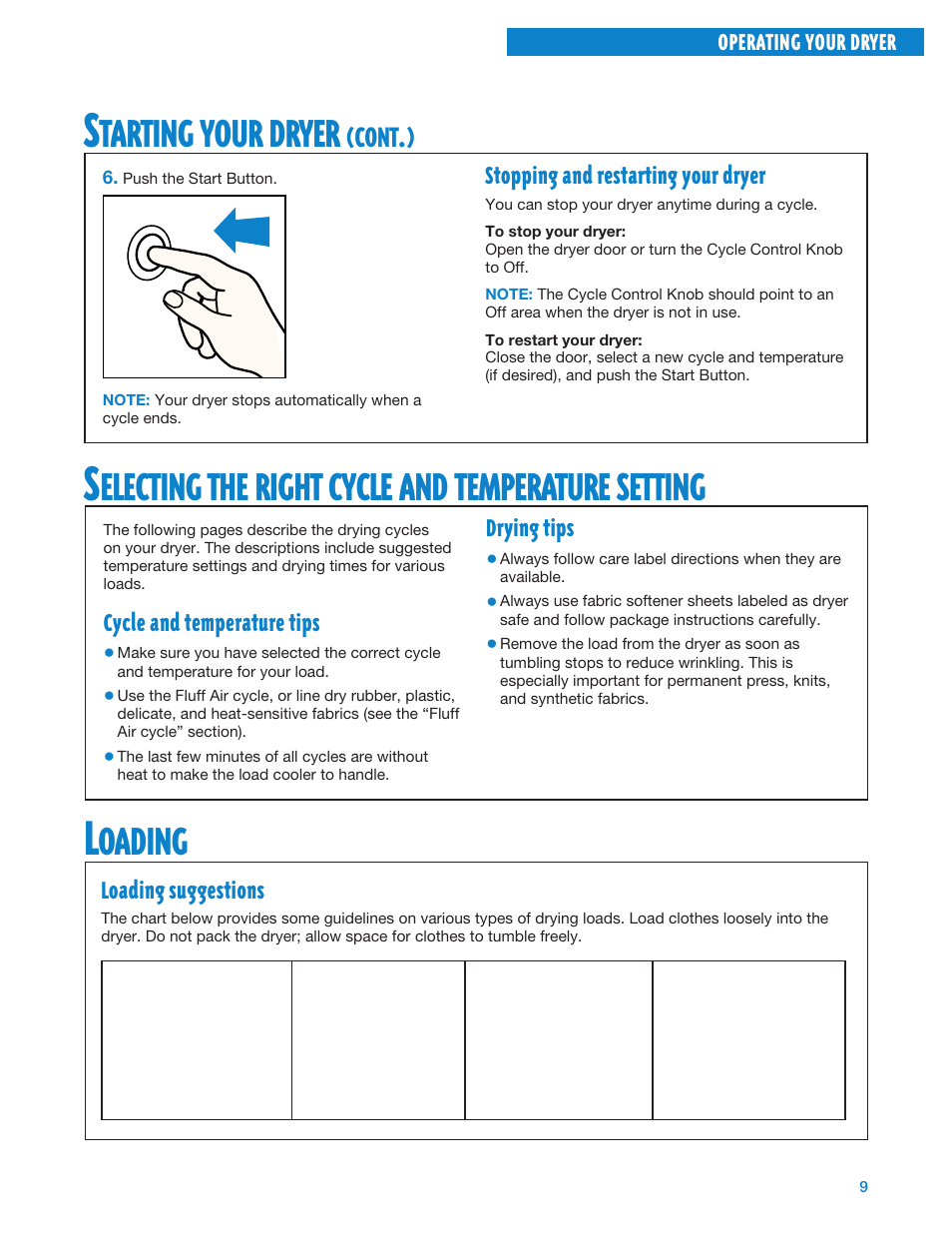 Selecting the right cycle and temperature setting, Loading, Tarting | Your, Dryer, Electing, Right, Cycle, Temperature, Setting | Whirlpool Gas Dryers User Manual | Page 9 / 24