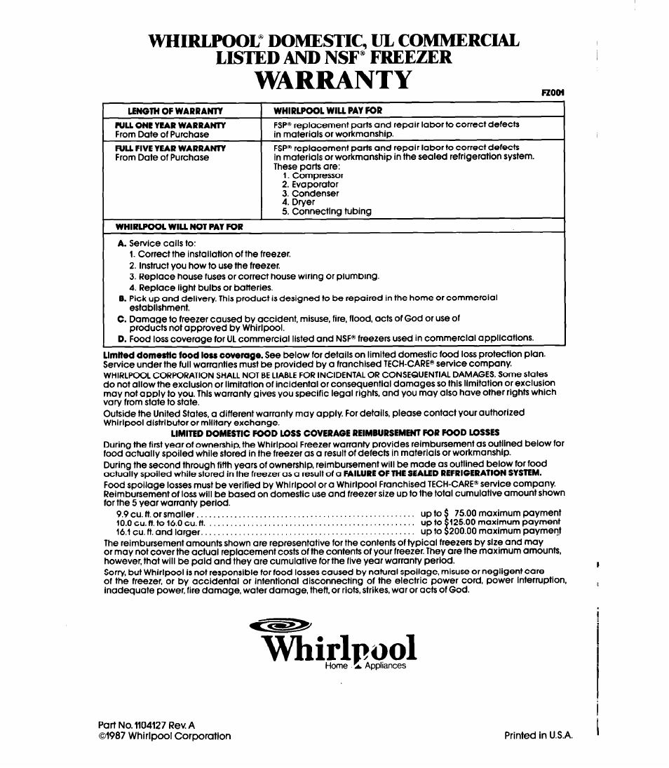 Warranty, Whirlpool | Whirlpool EVllOC User Manual | Page 12 / 12