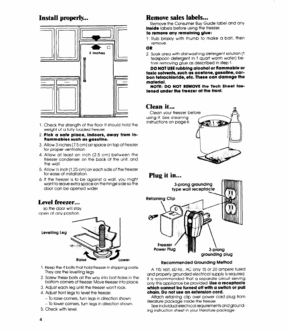 Install property, Level freezer, Remove sales labels | Plug it in, Install properly level freezer remove sales labels | Whirlpool EVllOC User Manual | Page 4 / 12