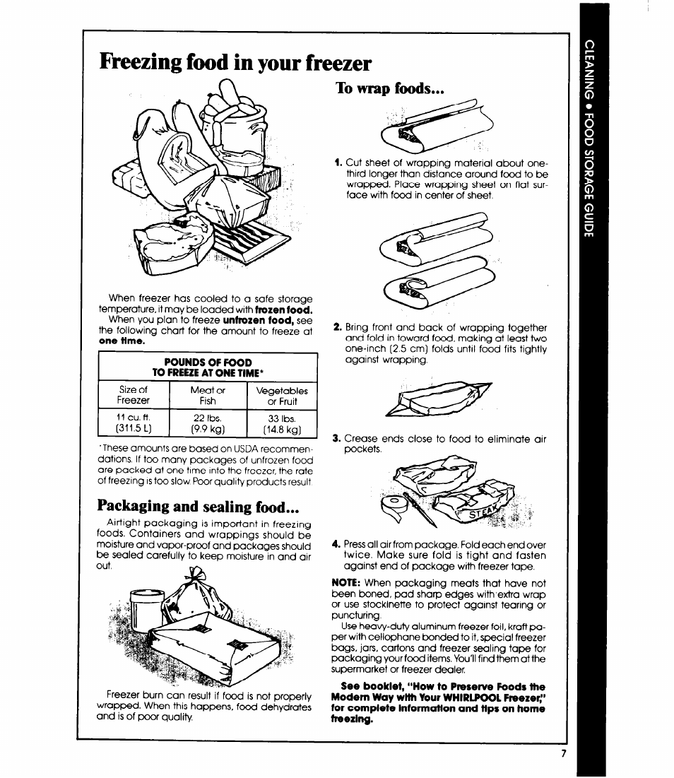 Freezing food in your freezer, To wrap foods, Packaging and sealing food | Freezing food in your freezer . 7, Packaging and seaiing food to wrap foods | Whirlpool EVllOC User Manual | Page 7 / 12