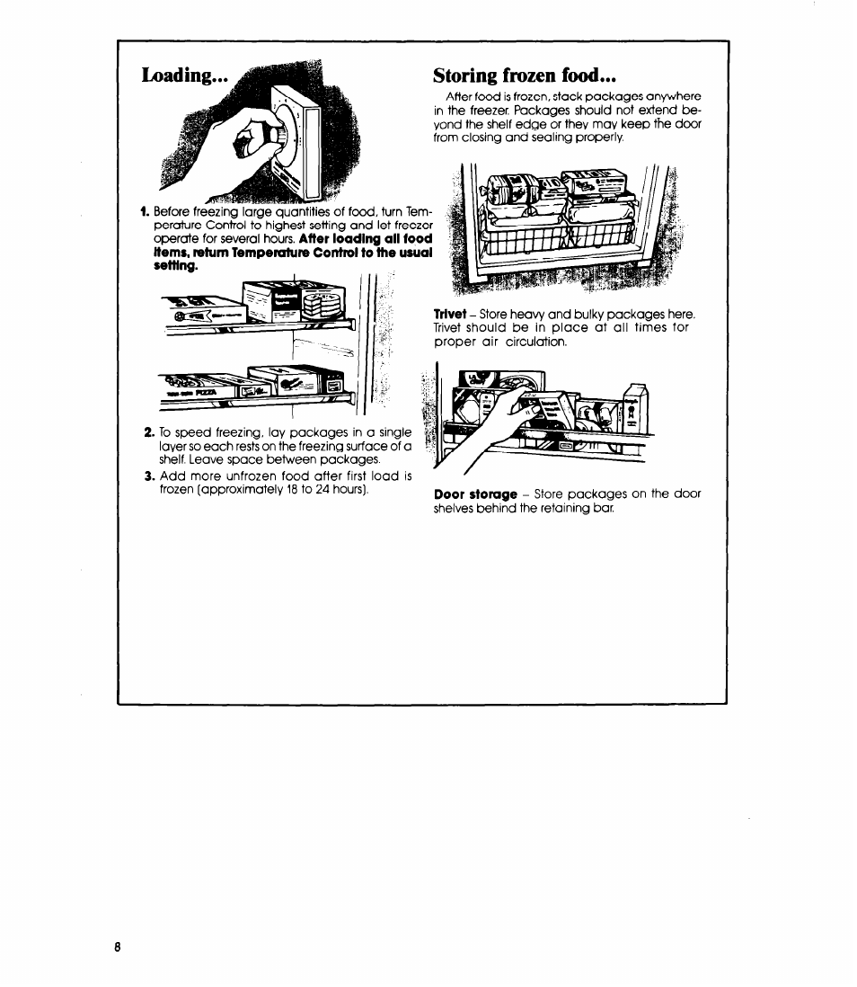Storing frozen food, Loading storing frozen food | Whirlpool EVllOC User Manual | Page 8 / 12