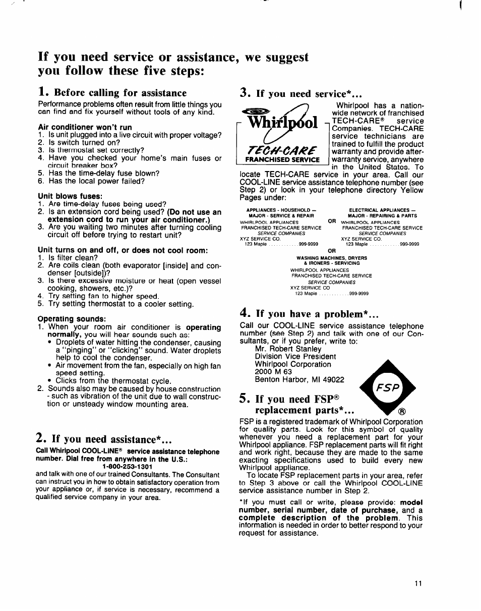 Air conditioner won’t run, Unit blows fuses, Unit turns on and off, or does not cool room | Operating sounds, R£m-ca/ls, Before calling for assistance, If you need assistance, If you need service, If you have a problem, If you need fsp® replacement parts | Whirlpool ACE094XM0 User Manual | Page 11 / 12