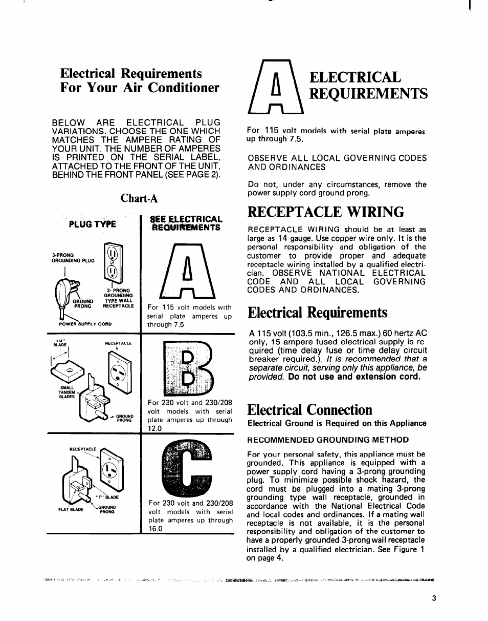 Electrical requirements for your air conditioner, Plog type, See elegtrical lleqyiliements | Electrical requirements, Receptacle wiring, Electrical connection, Chart-a | Whirlpool ACE094XM0 User Manual | Page 3 / 12