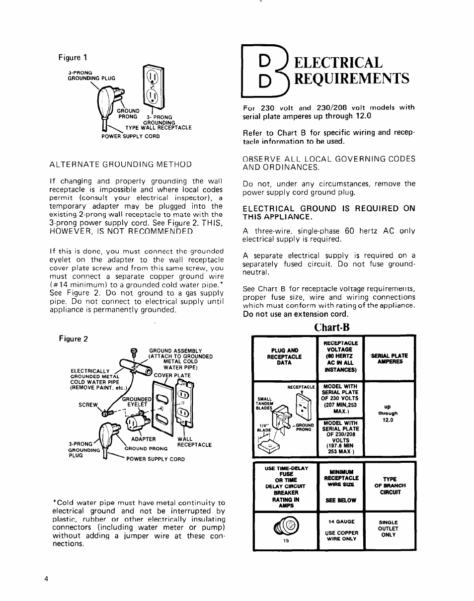 D j electrical d ) requirements, Electrical ground this appliance, J electrical d ) requirements | Chart-b | Whirlpool ACE094XM0 User Manual | Page 4 / 12