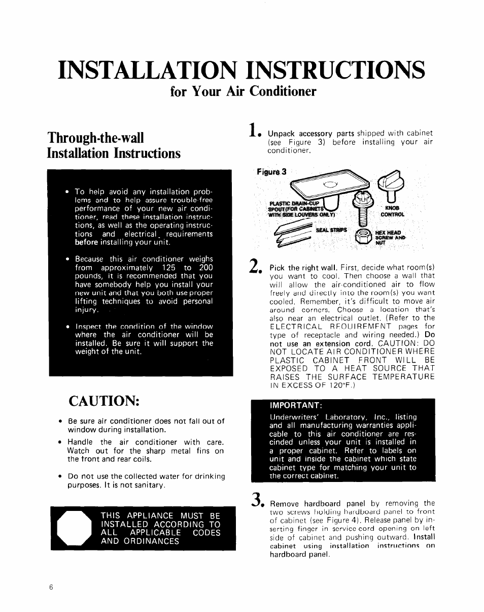 For your air conditioner, Through-the-wall installation instructions, Caution | Important, Installation instructions | Whirlpool ACE094XM0 User Manual | Page 6 / 12