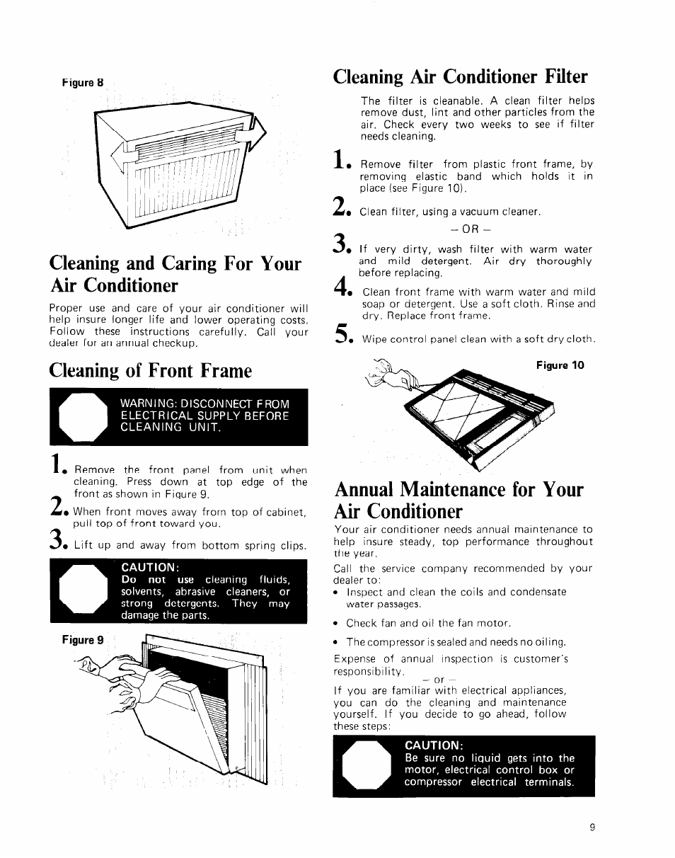 Figure 8, Cleaning air conditioner filter, Cleaning and caring for your air conditioner | Cleaning of front frame, Caution, Figure 10, Annual maintenance for your air conditioner | Whirlpool ACE094XM0 User Manual | Page 9 / 12