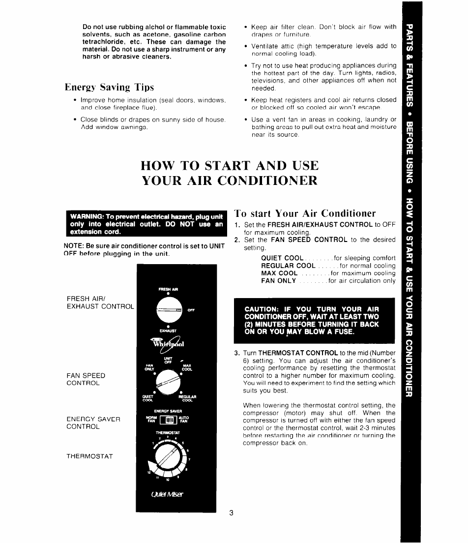 To start your air conditioner, Your air conditioner, How to start and use your air conditioner | Energy saving tips | Whirlpool AC1 352 User Manual | Page 3 / 8