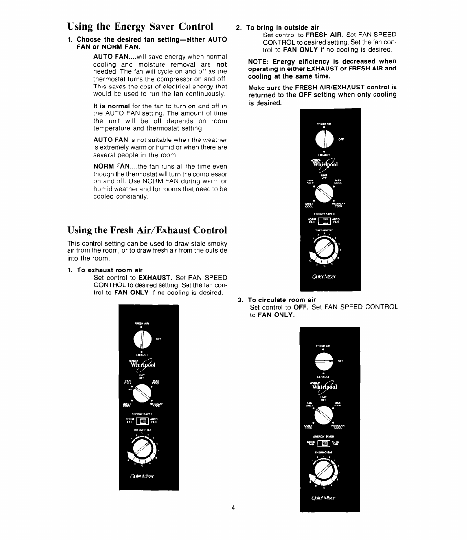 Using the energy saver control, Using the fresh air/exhaust control | Whirlpool AC1 352 User Manual | Page 4 / 8