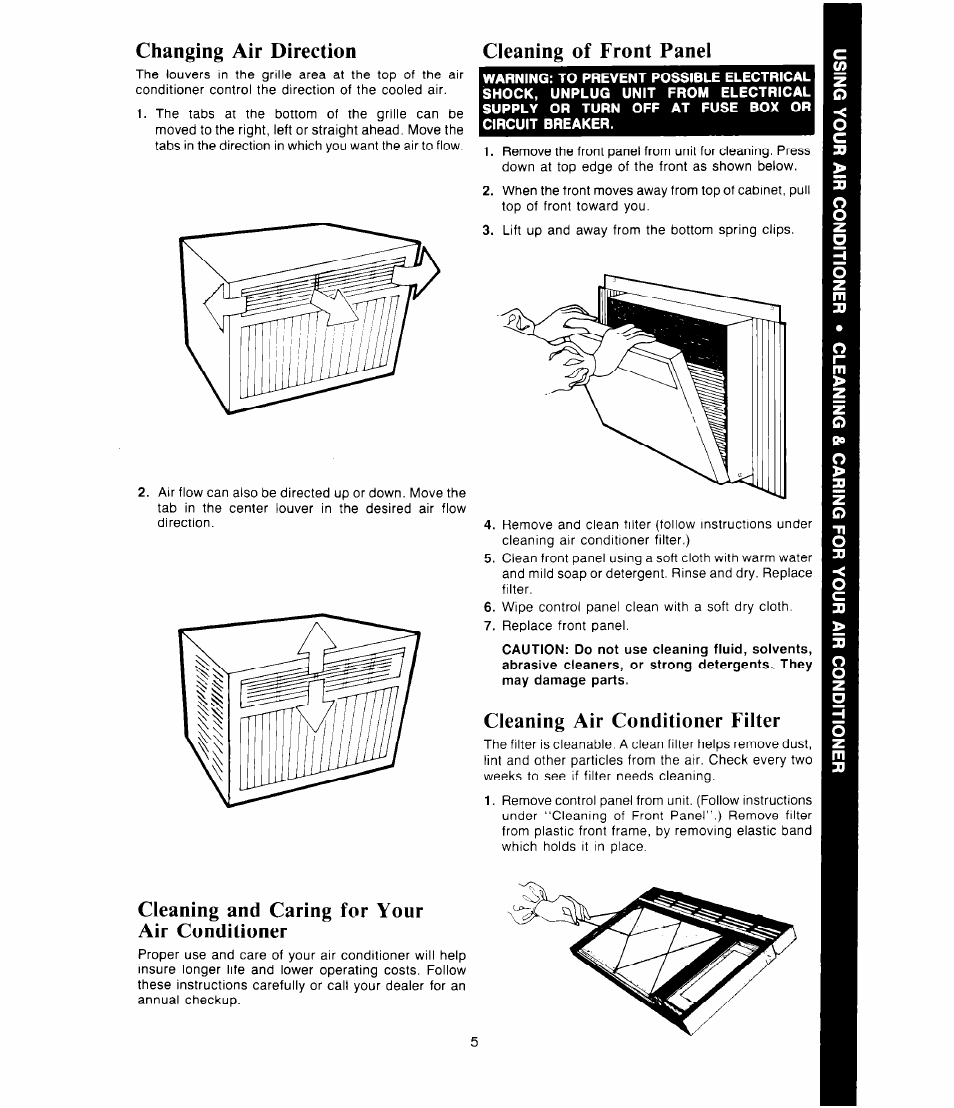 Changing air direction, Cleaning of front panel, Cleaning air conditioner filter | Cleaning and caring for your air conditioner, Cleaning front panel | Whirlpool AC1 352 User Manual | Page 5 / 8