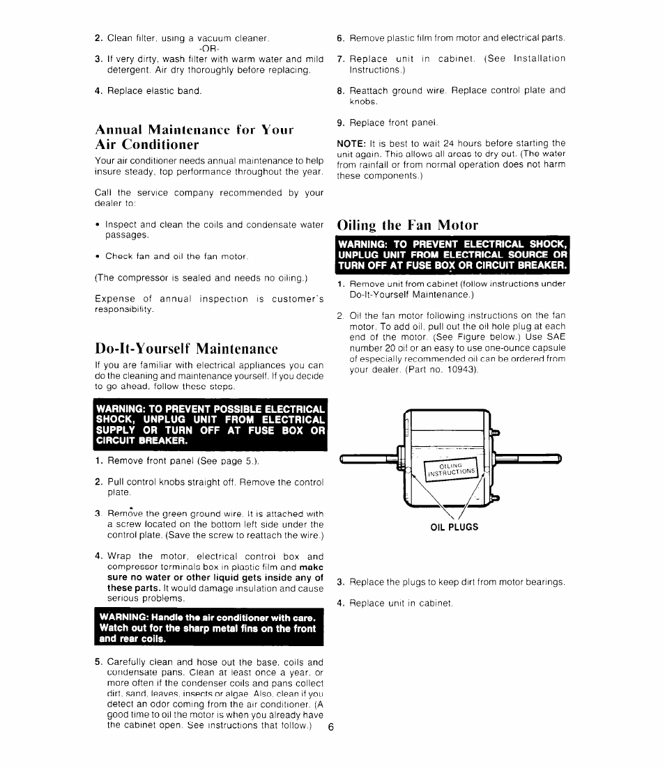 Annual maintenance for your air conditioner, Do-it-yourself maintenance, Oiling the fan motor | Do-it-yourself maintenance oiling the fan motor | Whirlpool AC1 352 User Manual | Page 6 / 8