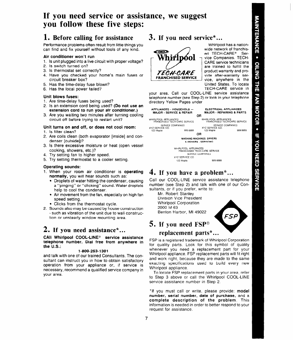 If you need assistance, If you have a problem, If you need fsp® replacement parts | Before calling for assistance, If you need service, Whirlpool | Whirlpool AC1 352 User Manual | Page 7 / 8