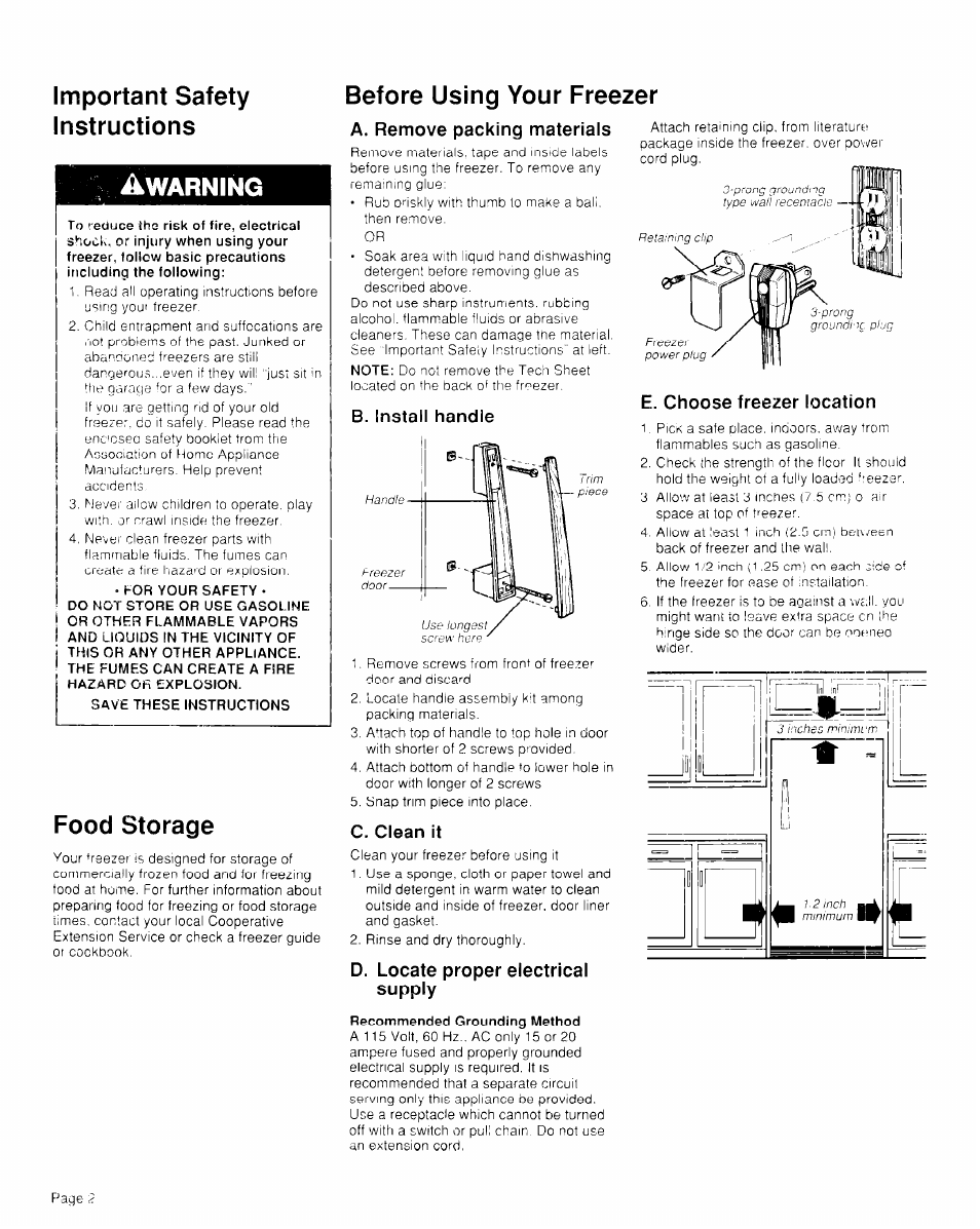 Important safety instructions, Food storage, A. remove packing materials | B. install handle, C. clean it, D. locate proper electrical supply, E. choose freezer location, Before using your freezer food storage, Warning | Whirlpool TVF15FR User Manual | Page 2 / 8