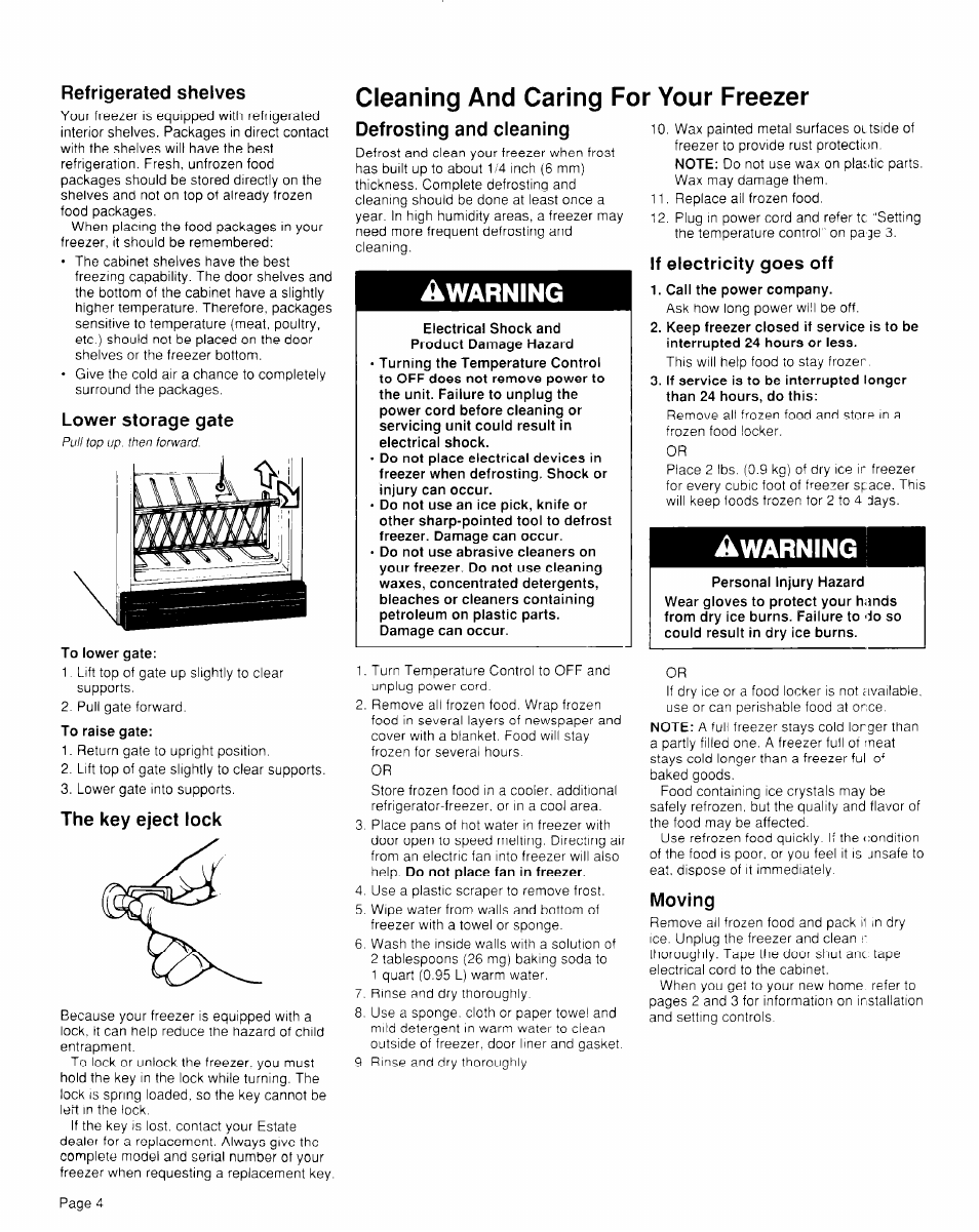 Refrigerated shelves, The key eject lock, Defrosting and cleaning | If electricity goes off, Moving, Cleaning and caring for your freezer, Warning | Whirlpool TVF15FR User Manual | Page 4 / 8