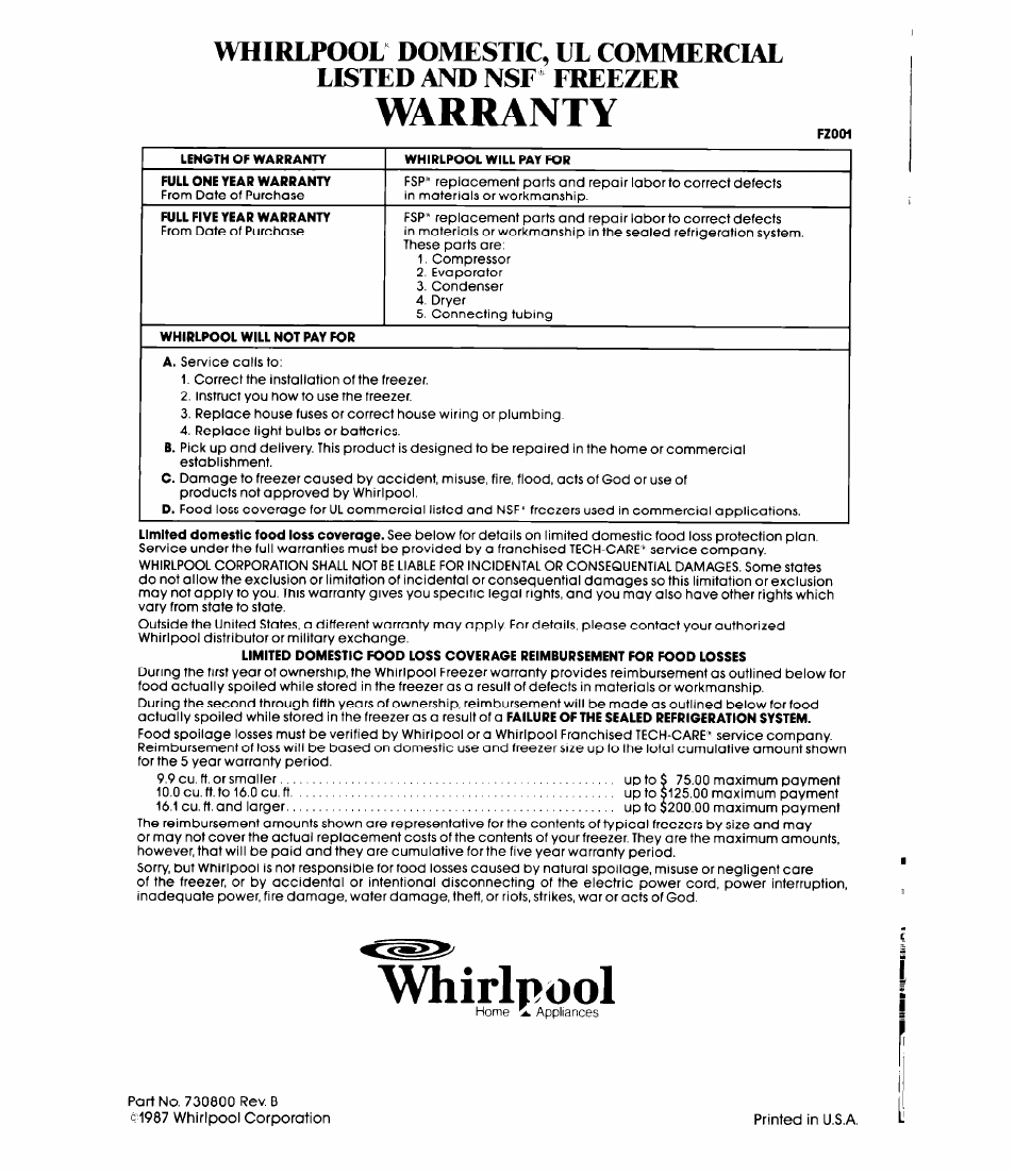 Whirlpool, Warranty | Whirlpool EH150C User Manual | Page 12 / 12