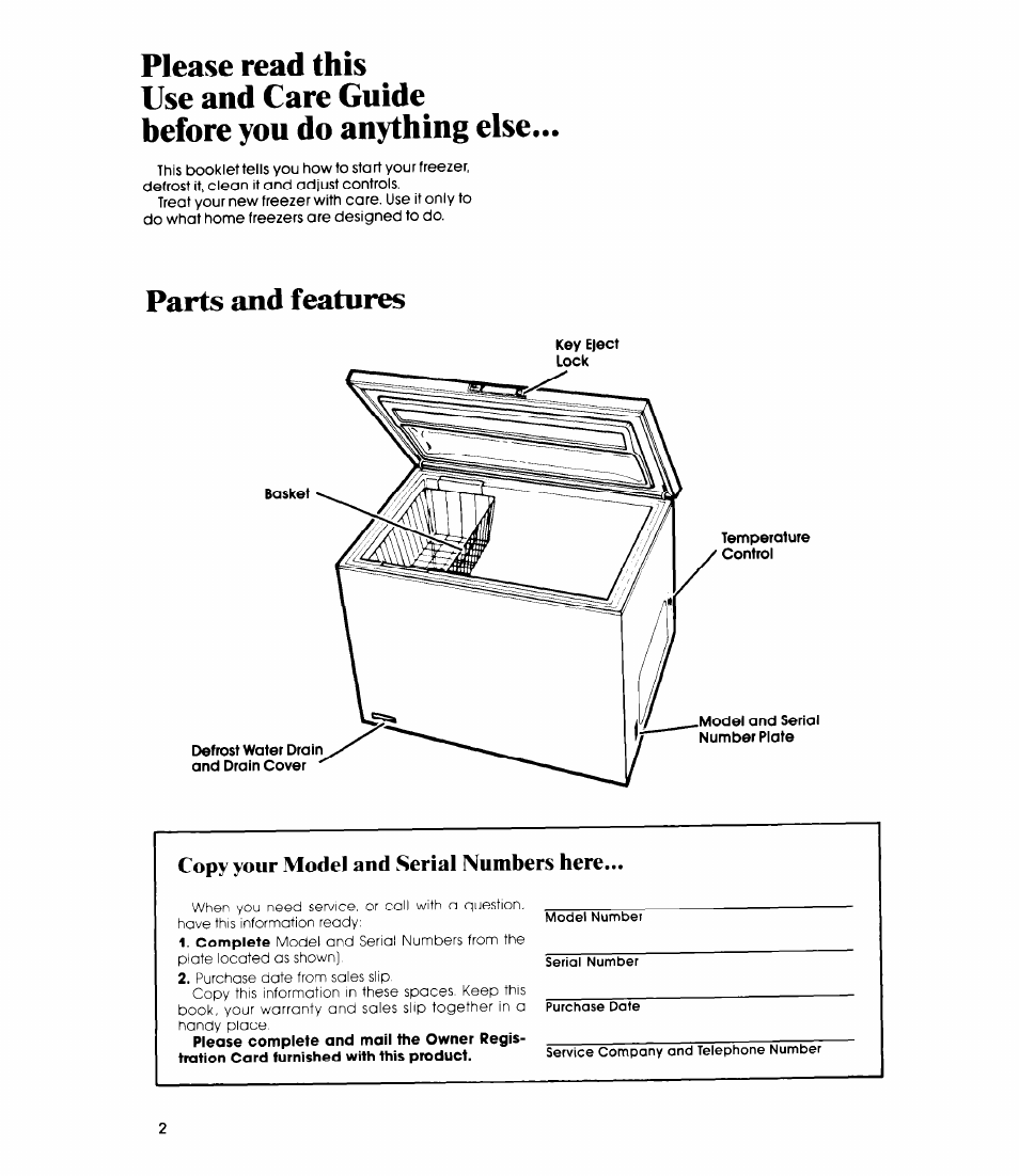 Please read this, Use and care guide, Before you do anything else | Parts and features, Copy your model and serial numbers here | Whirlpool EH150C User Manual | Page 2 / 12