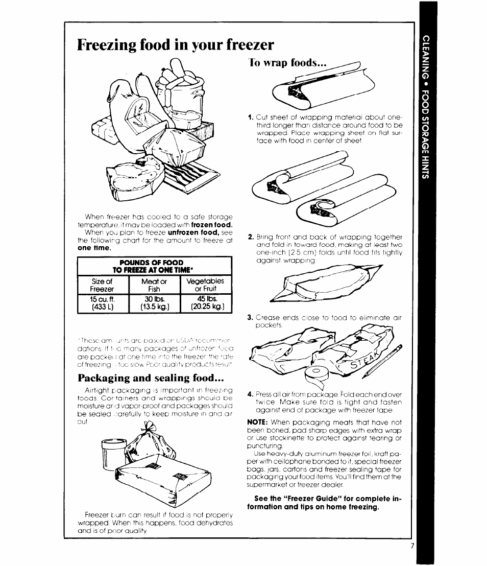 Freezing food in your freezer, To wrap foods, Packaging and sealing food | Packaging and sealing food to wrap foods | Whirlpool EH150C User Manual | Page 7 / 12