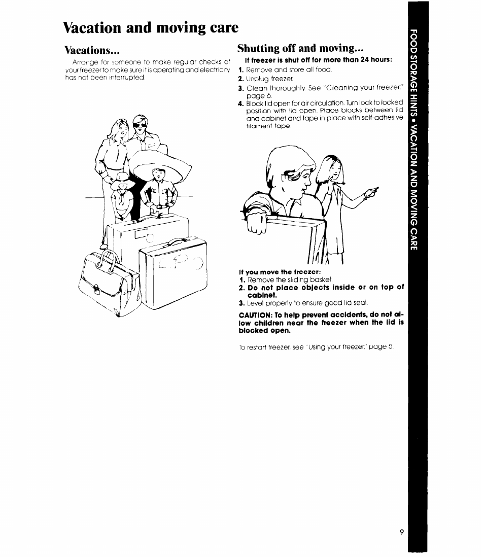 Vacation and moving care, Vacations, Shutting off and moving | Vacations shutting off and moving | Whirlpool EH150C User Manual | Page 9 / 12