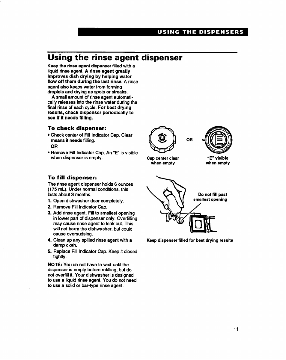 Using the rinse agent dispenser, To check dispenser, To fill dispenser | Whirlpool 940 User Manual | Page 11 / 27