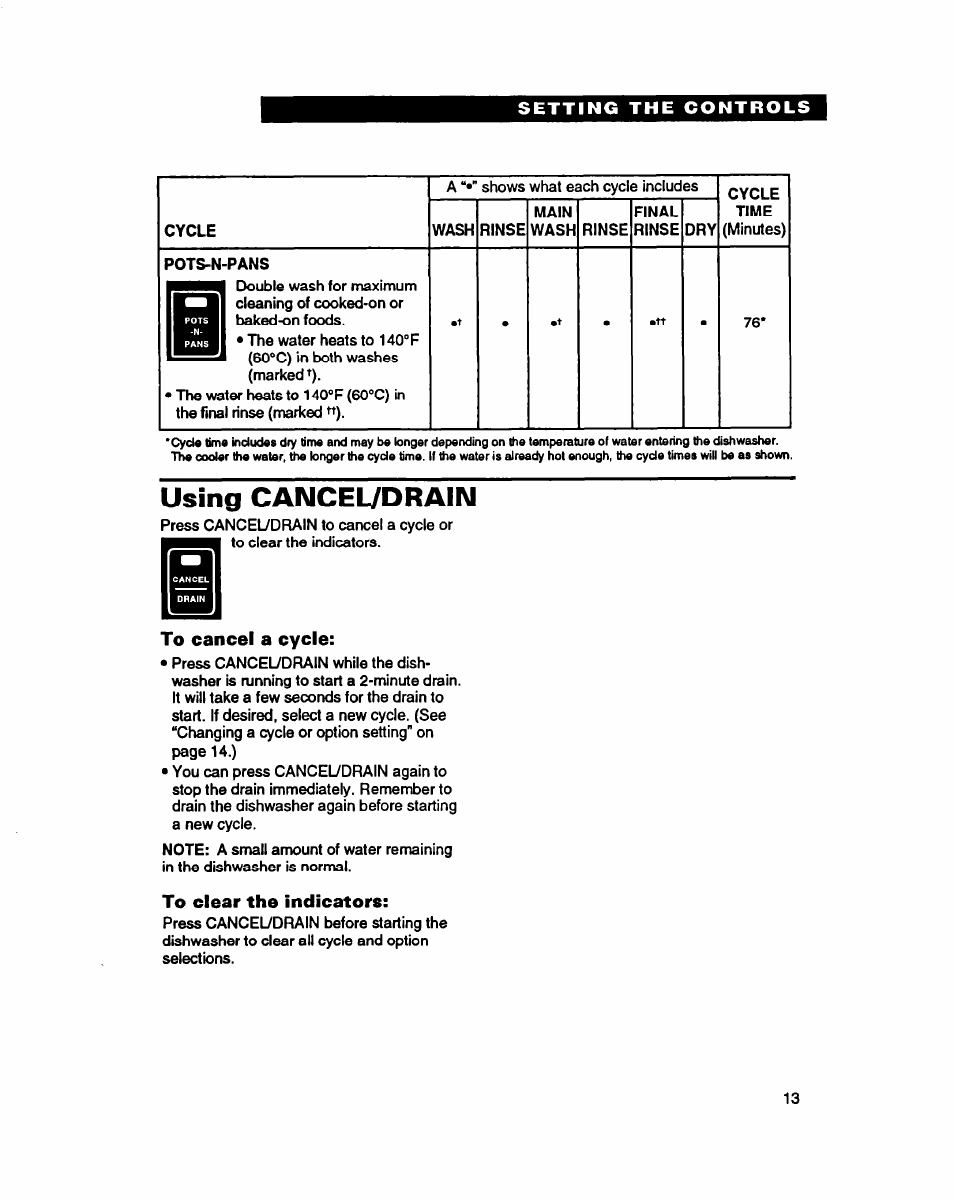 Using cancel7drain, To cancel a cycle, To clear the indicators | Using cancel/drain | Whirlpool 940 User Manual | Page 13 / 27