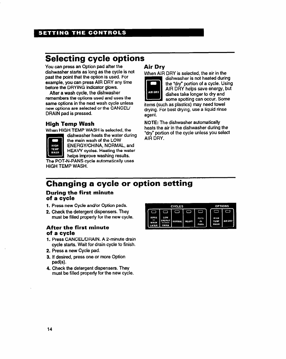 Selecting cycle options, High temp wash, Air dry | Changing a cycle or option setting, During the first minute of a cycle, After the first minute of a cycle | Whirlpool 940 User Manual | Page 14 / 27