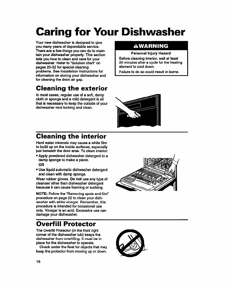 Caring for your dishwasher, Cleaning the exterior, Cleaning the interior | Overfill protector, Warning | Whirlpool 940 User Manual | Page 18 / 27
