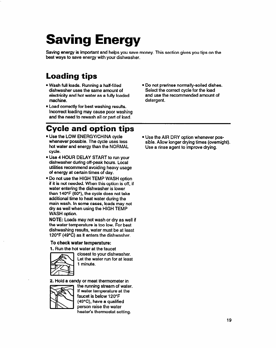 Saving energy, Loading tips, Cycle and option tips | Whirlpool 940 User Manual | Page 19 / 27