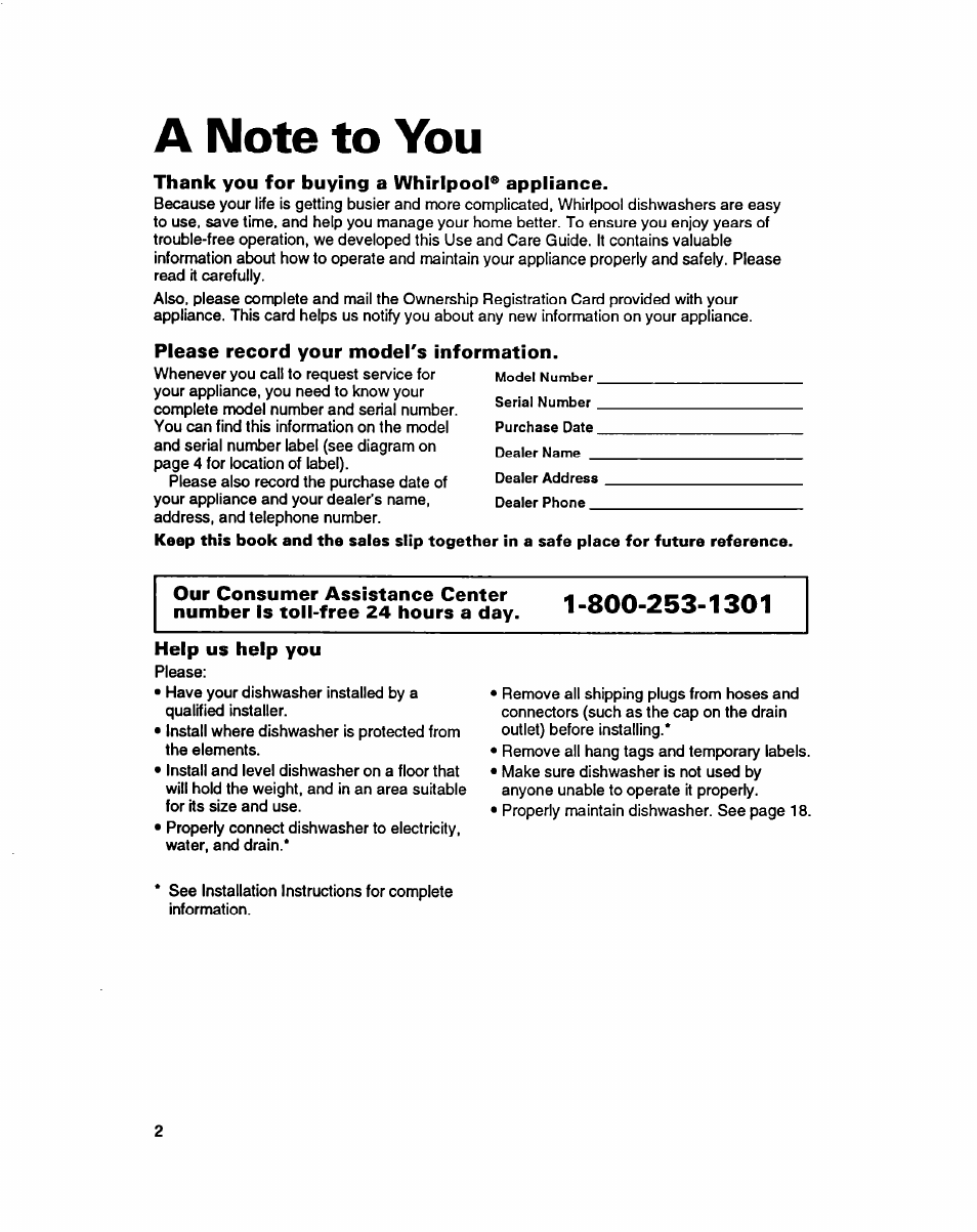 A note to you, Thank you for buying a whirlpool® appliance, Please record your model's information | Help us help you | Whirlpool 940 User Manual | Page 2 / 27