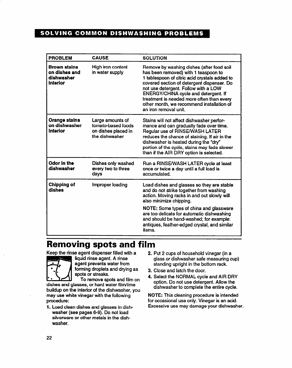 Removing spots and film | Whirlpool 940 User Manual | Page 22 / 27