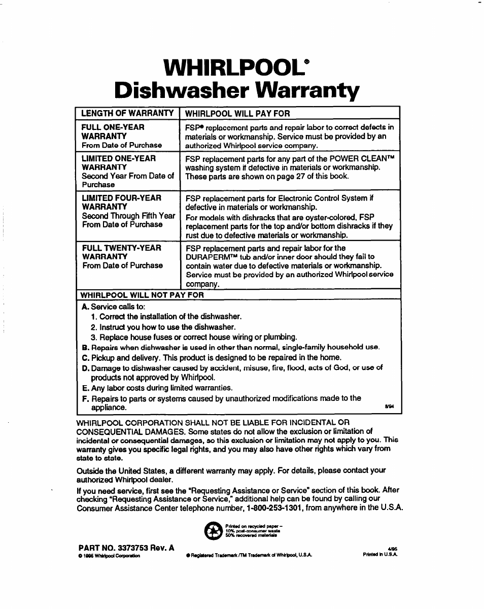 Whirlpool’ dishwasher warranty | Whirlpool 940 User Manual | Page 27 / 27