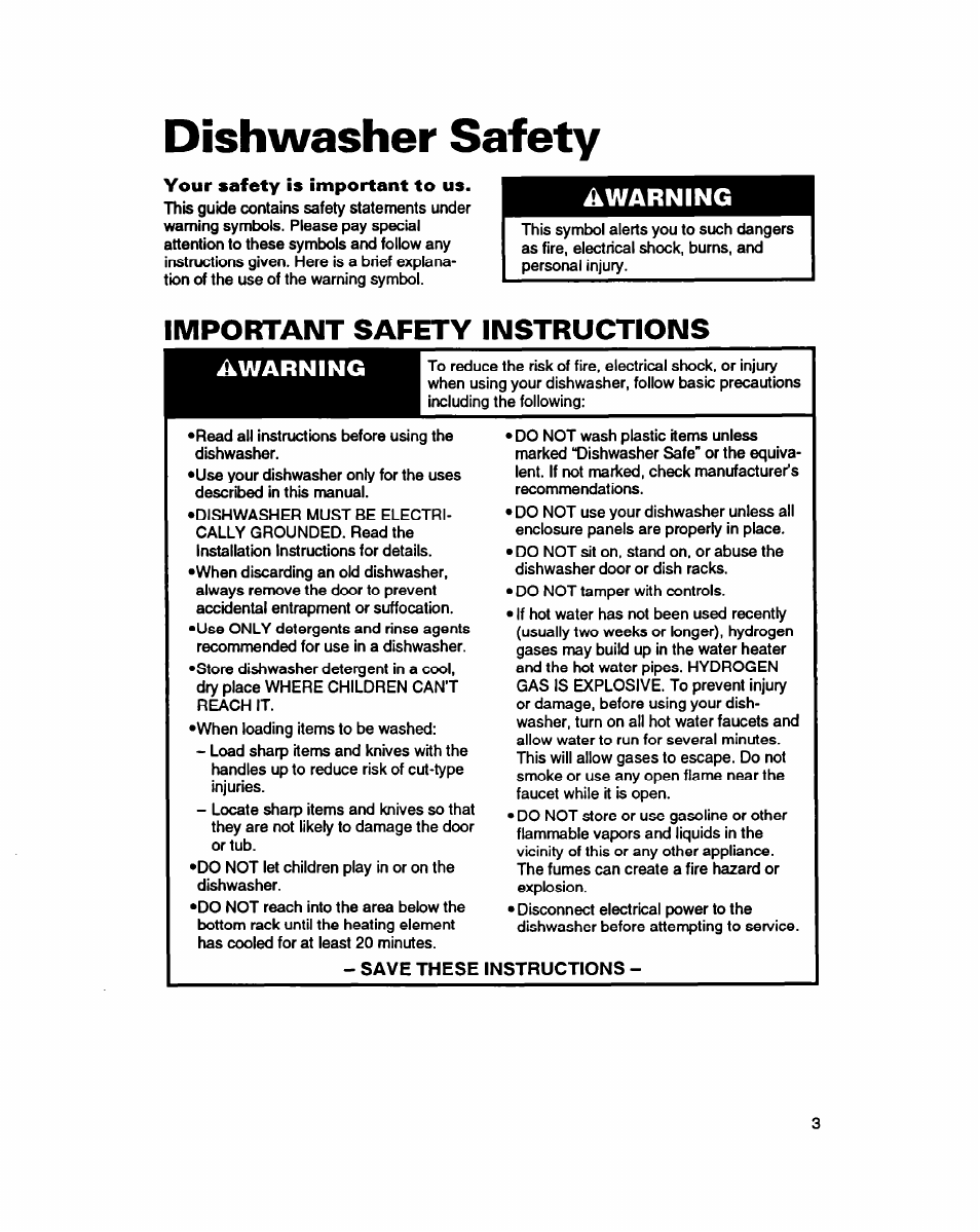 Dishwasher safety, Your safety is important to us, Important safety instructions | Save these instructions, Warning, Awarning | Whirlpool 940 User Manual | Page 3 / 27