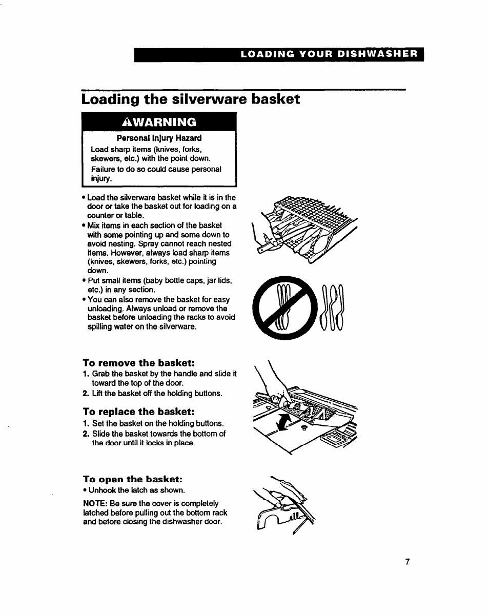 Loading the silverware basket, To remove the basket, To replace the basket | To open the basket, Warning | Whirlpool 940 User Manual | Page 7 / 27