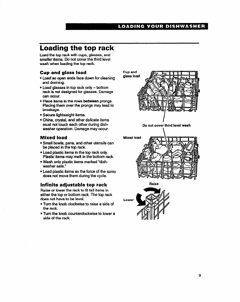 Loading the top rack, Cup and glass load, Mixed load | Infinite adjustable top rack | Whirlpool 940 User Manual | Page 9 / 27