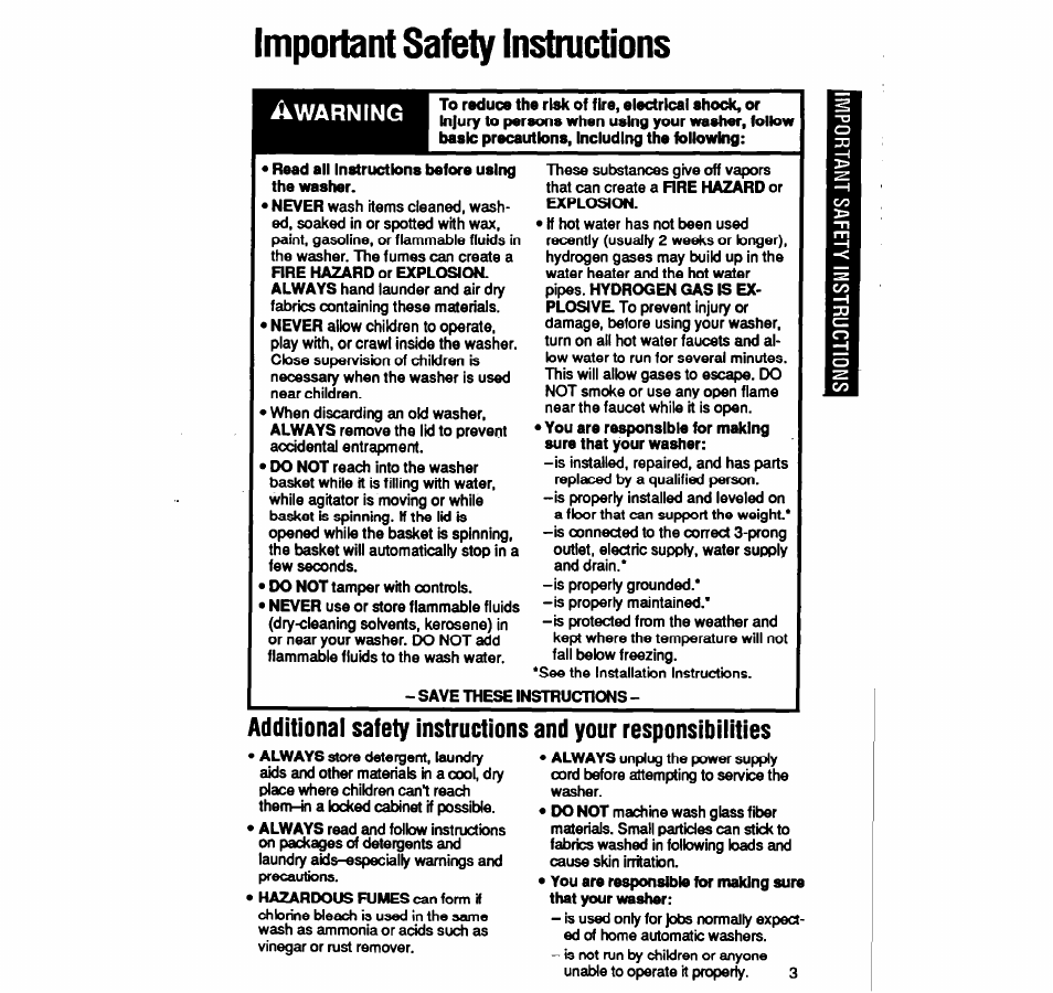 Important safety instmctions, Warning | Whirlpool LA5588XY User Manual | Page 3 / 16