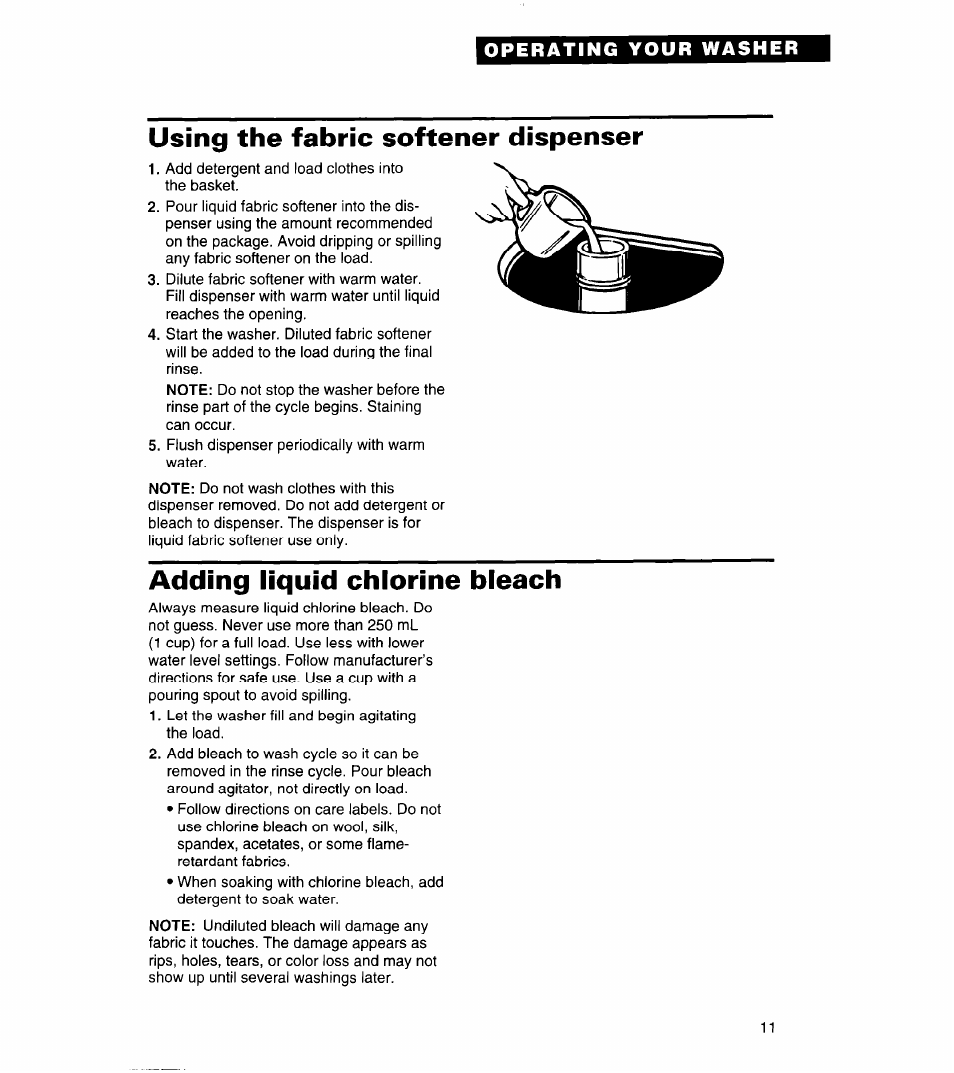 Using the fabric softener dispenser, Adding liquid chlorine bleach | Whirlpool 3360464 User Manual | Page 11 / 23