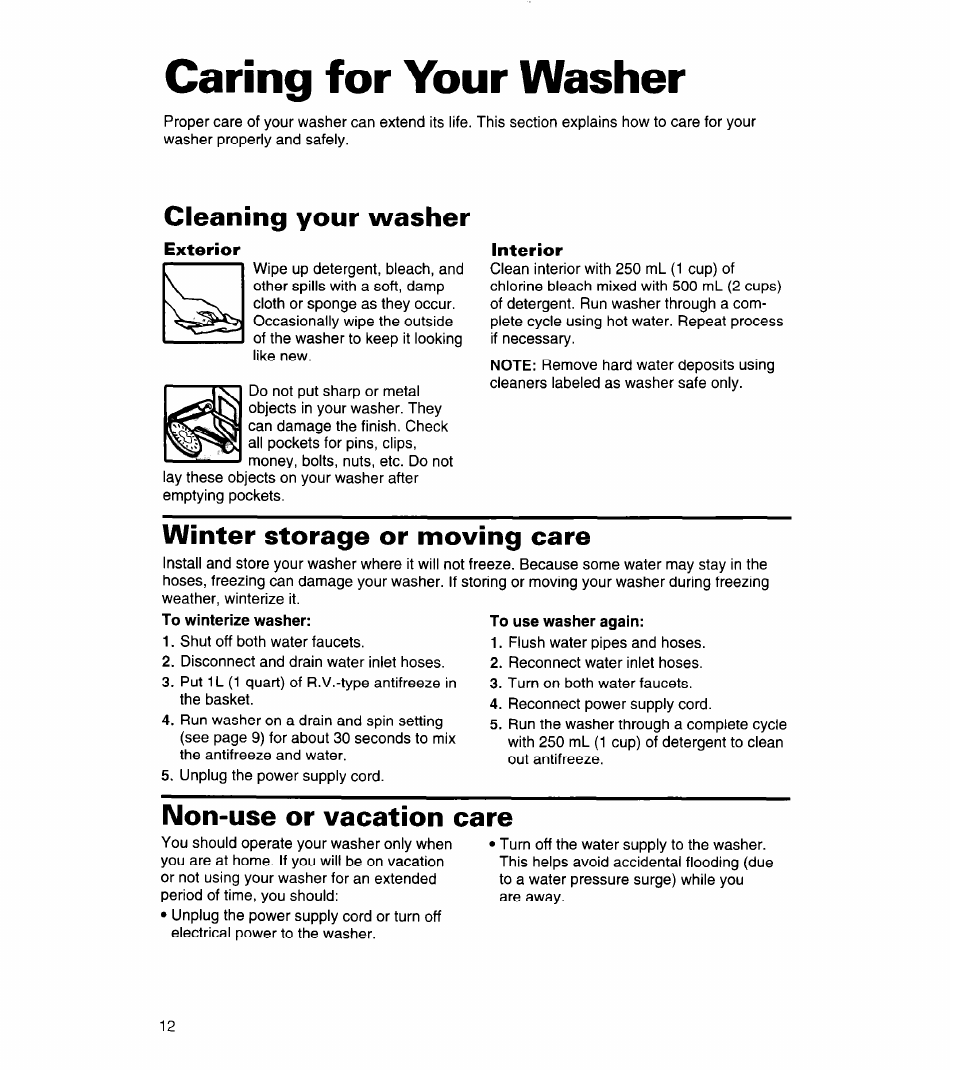 Caring for your washer, Exterior, Interior | Cleaning your washer, Winter storage or moving care, Non-use or vacation care | Whirlpool 3360464 User Manual | Page 12 / 23