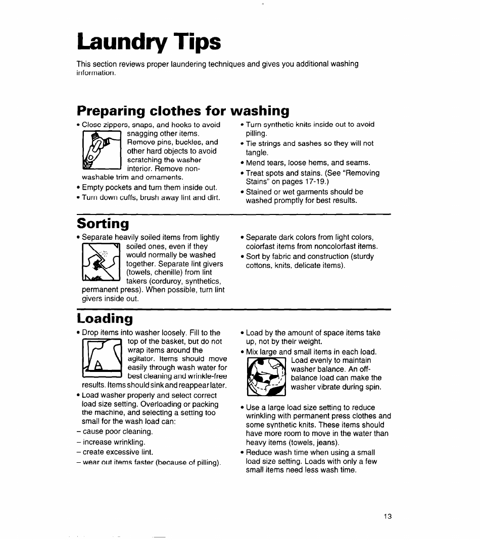 Laundry tips, Preparing clothes for washing, Sorting | Loading | Whirlpool 3360464 User Manual | Page 13 / 23