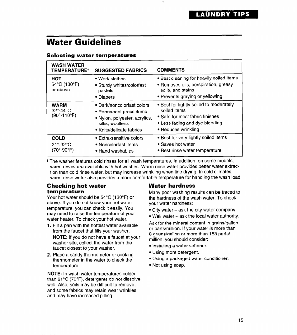 Selecting water temperatures, Checking hot water temperature, Water hardness | Water guidelines | Whirlpool 3360464 User Manual | Page 15 / 23