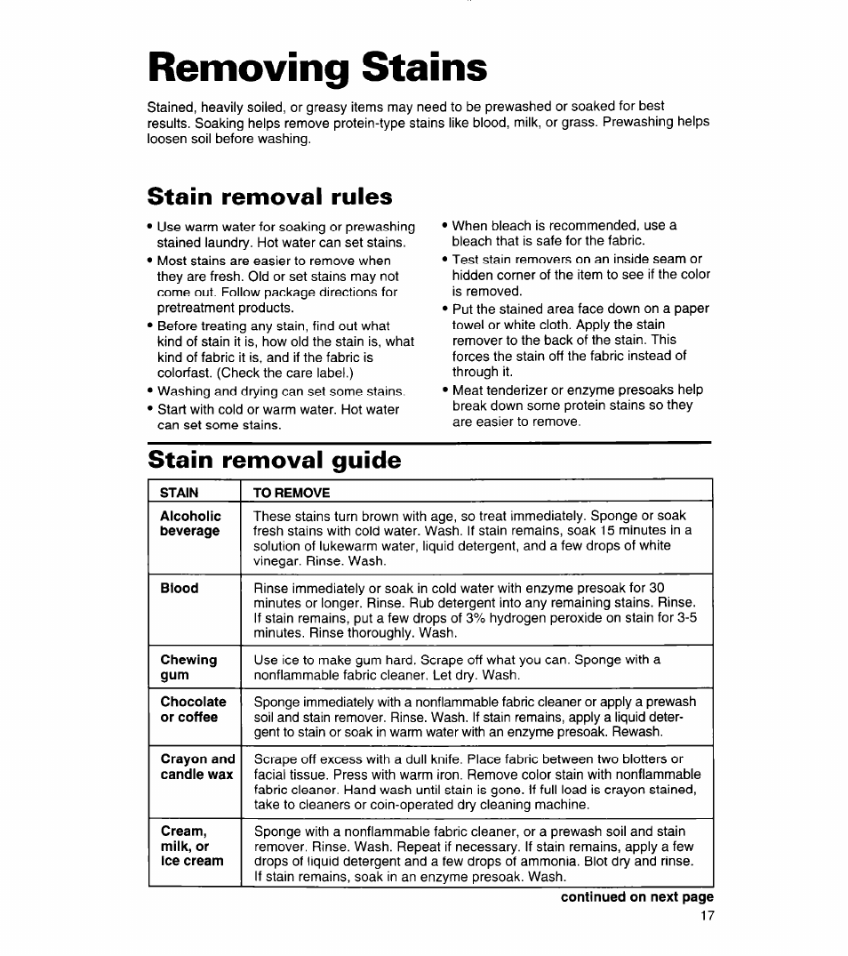Removing stains, Stain removal rules, Stain removal guide | Whirlpool 3360464 User Manual | Page 17 / 23