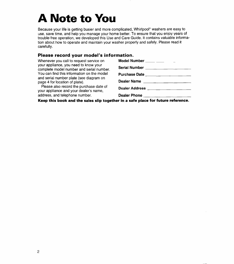 A note to you, Please record your model's information | Whirlpool 3360464 User Manual | Page 2 / 23
