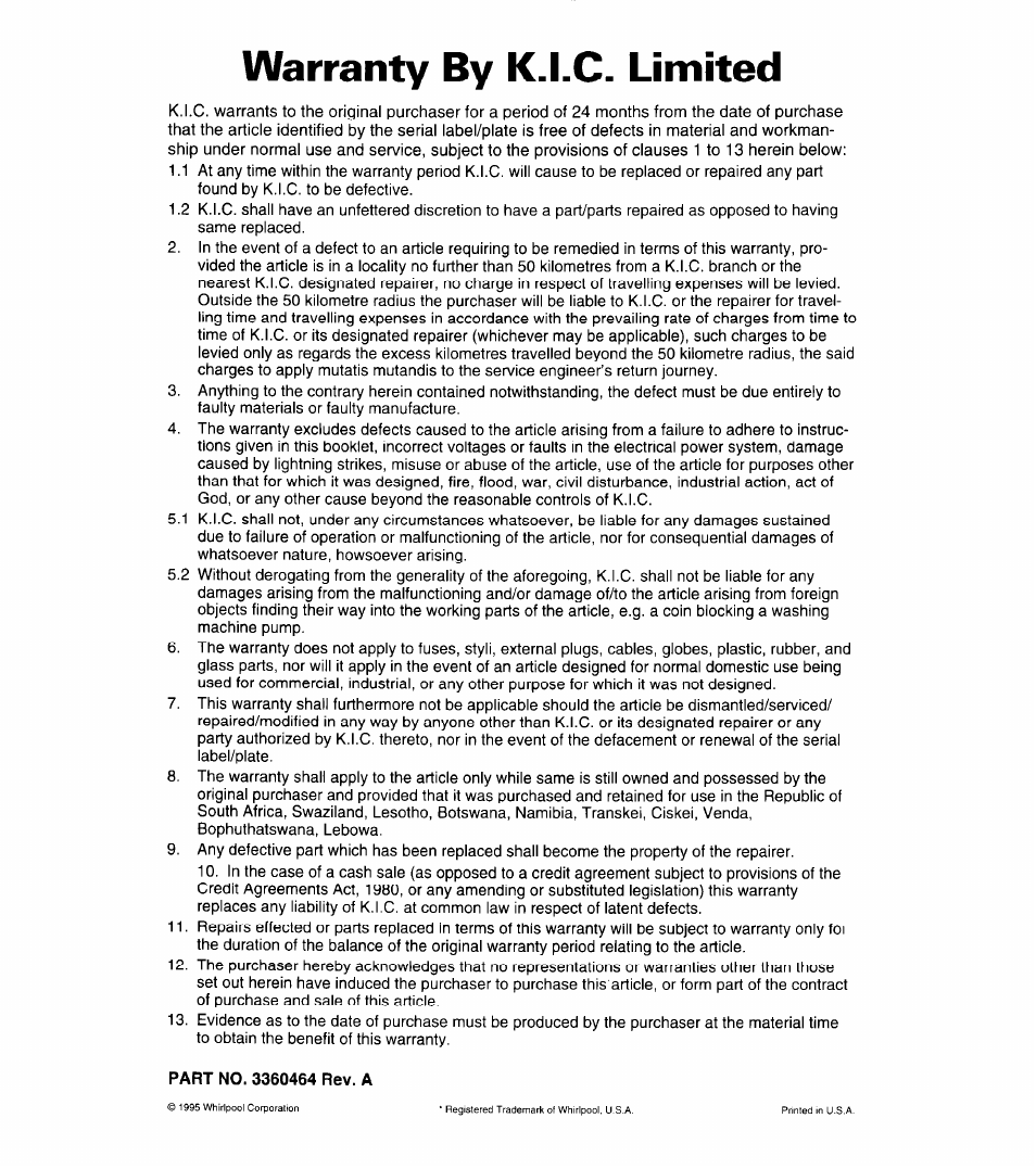 Warranty by k.i.c. limited | Whirlpool 3360464 User Manual | Page 23 / 23