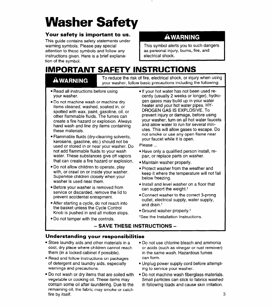 Washer safety, Your safety is important to us, Save these instructions | Understanding your responsibilities, Important safety instructions | Whirlpool 3360464 User Manual | Page 3 / 23