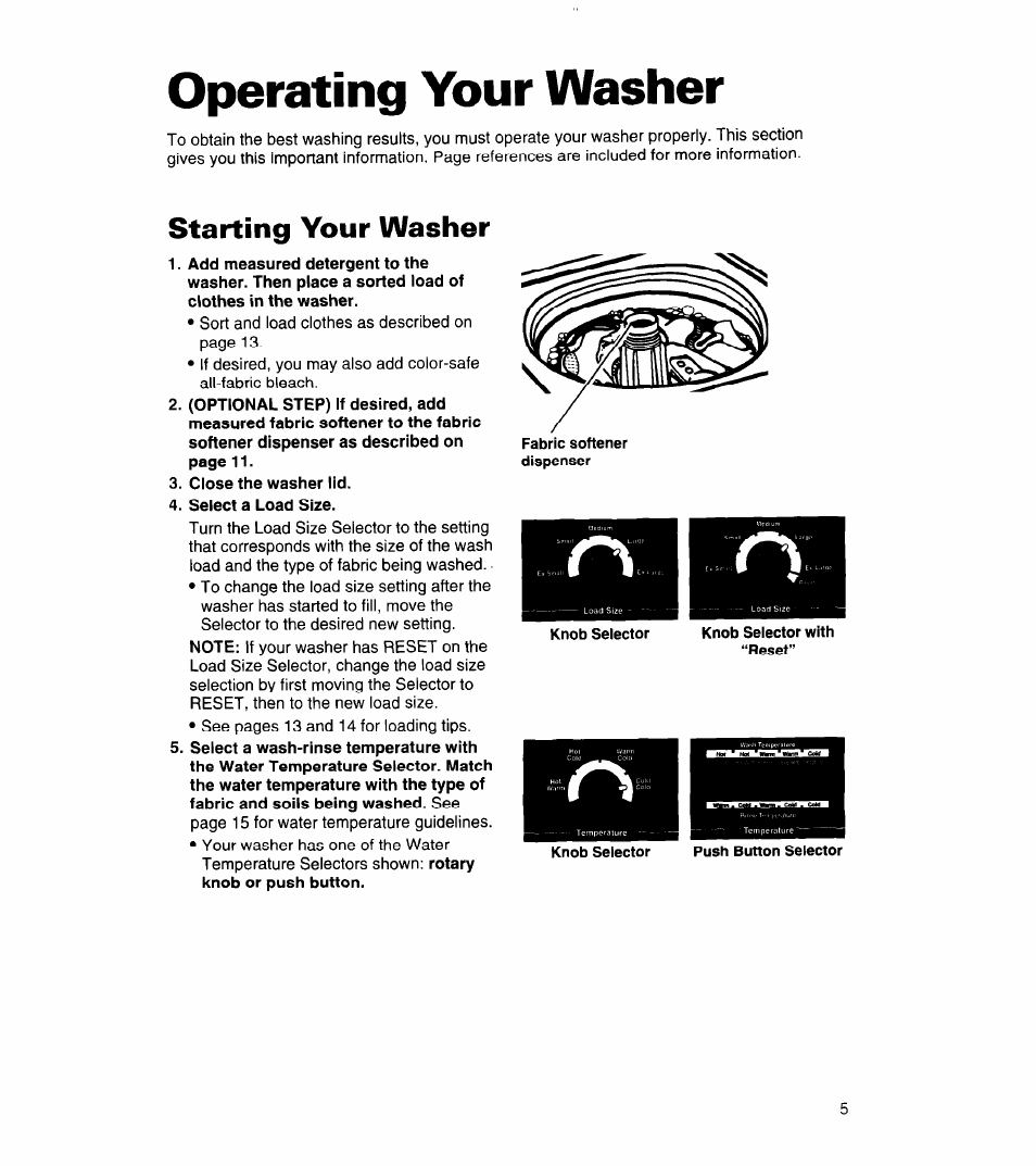 Operating your washer, Starting your washer | Whirlpool 3360464 User Manual | Page 5 / 23