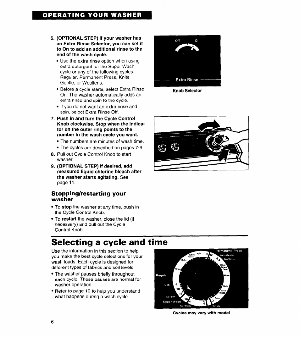 Stopping/restarting your washer, Selecting a cycle and time | Whirlpool 3360464 User Manual | Page 6 / 23