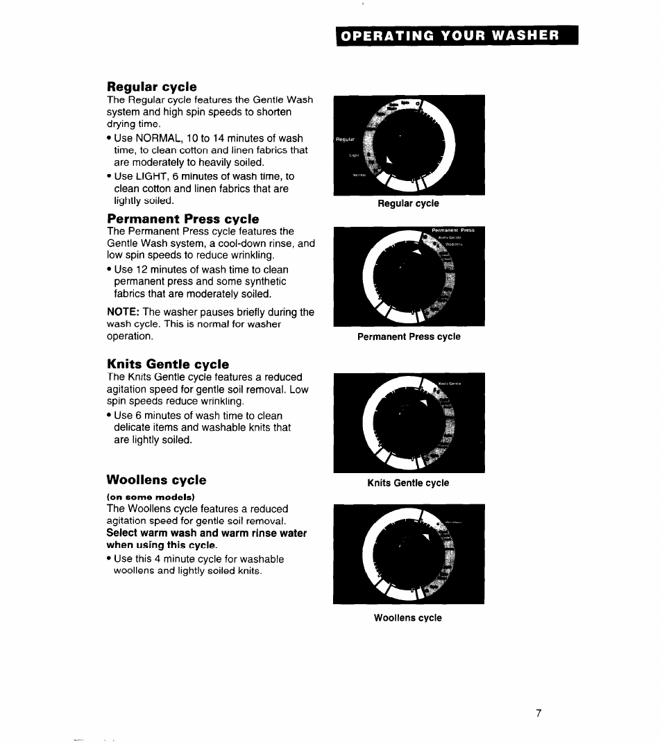 Regular cycle, Permanent press cycle, Knits gentle cycle | Woollens cycle | Whirlpool 3360464 User Manual | Page 7 / 23