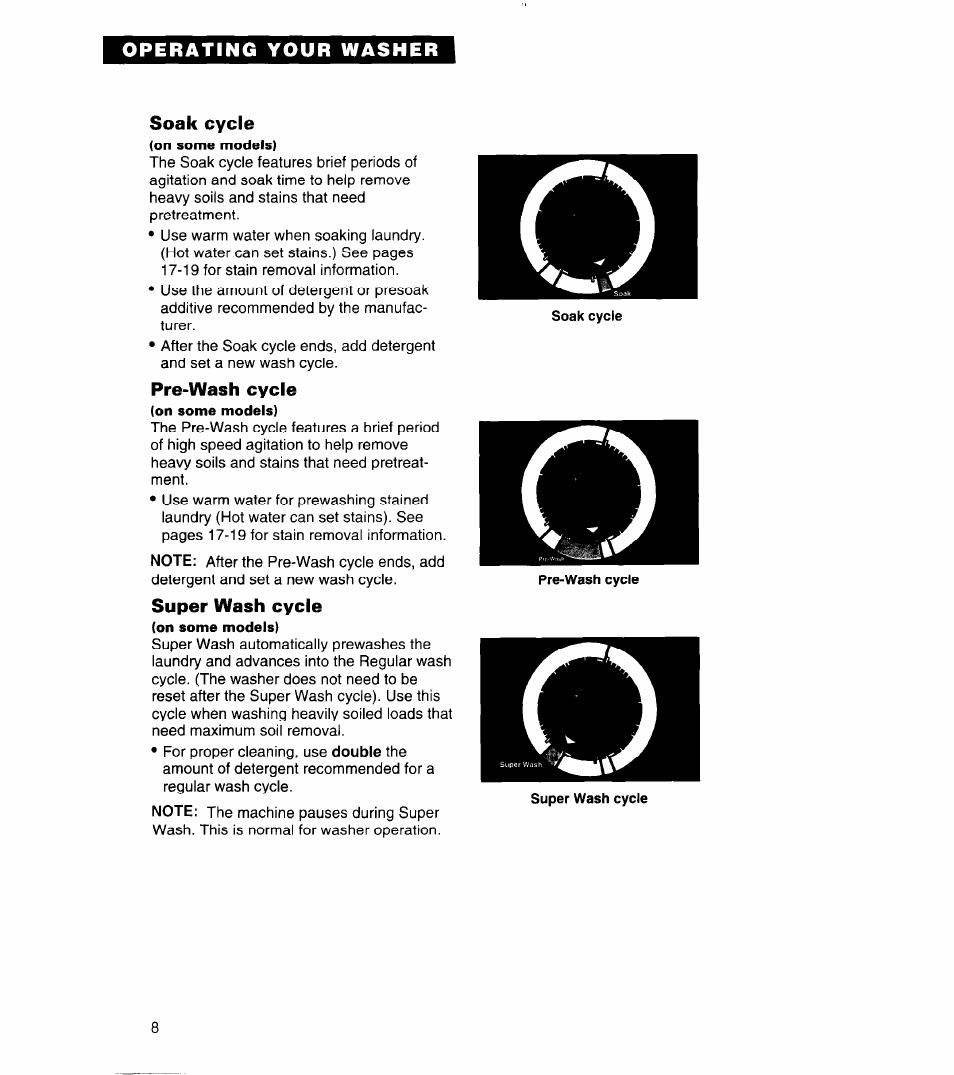 Soak cycle, Pre-wash cycle, Super wash cycle | Whirlpool 3360464 User Manual | Page 8 / 23