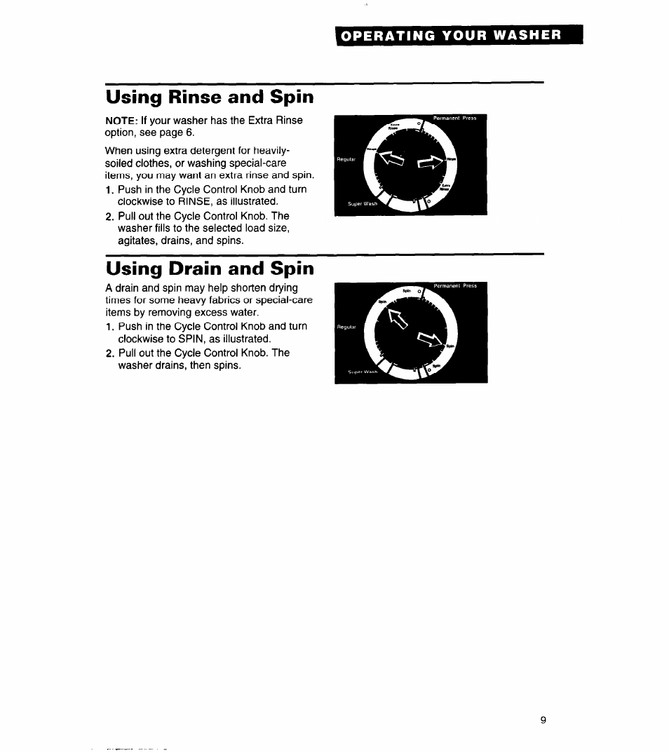Using rinse and spin, Using drain and spin | Whirlpool 3360464 User Manual | Page 9 / 23